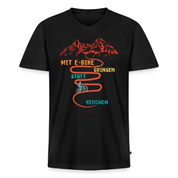E-Biker MIT E-BIKE GRINSEN STATT KEUCHEN Lustiges - Männer Premium Bio T-Shirt mit V-Ausschnitt - Schwarz - Vorne - Nico (187cm)
