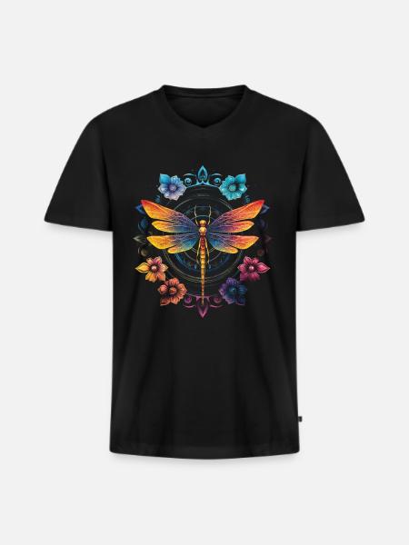 Mandala Chakra Libellule - T-shirt encolure en V Premium bio Homme - noir