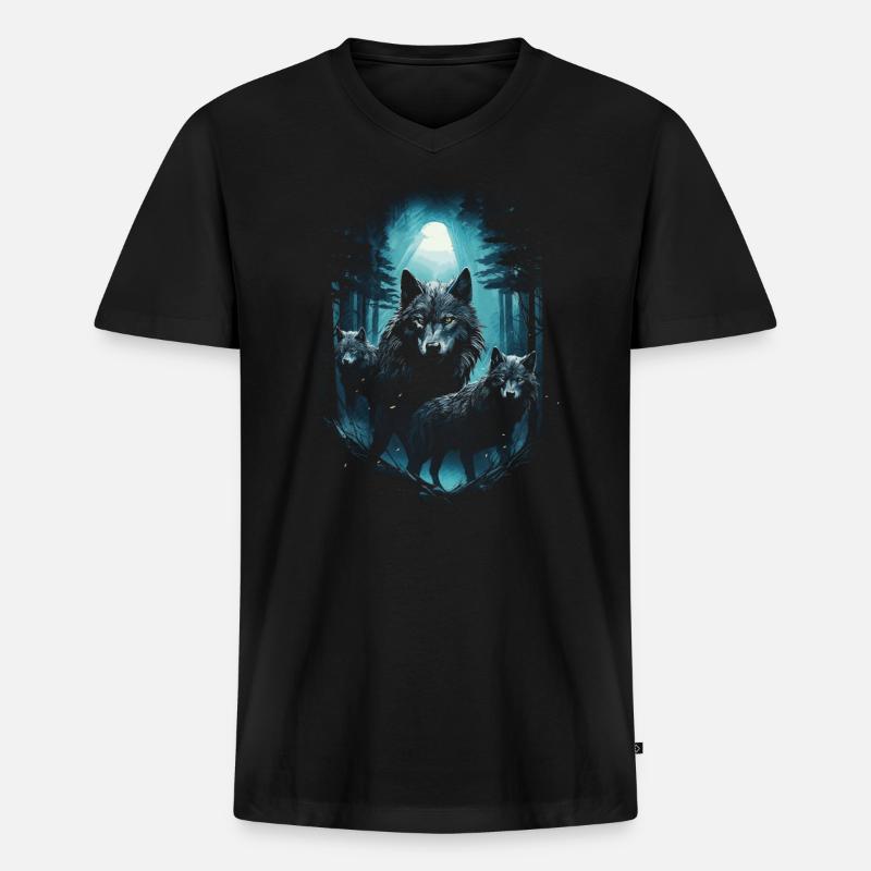 Dunkle Kunst Wolf Wald Mythisch - Männer Premium Bio T-Shirt mit V-Ausschnitt - Schwarz