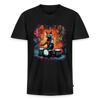 Cat Drummer Music Animal Drums Wild Cat - T-shirt encolure en V Premium bio Homme - noir - Devant - Nico (187cm)