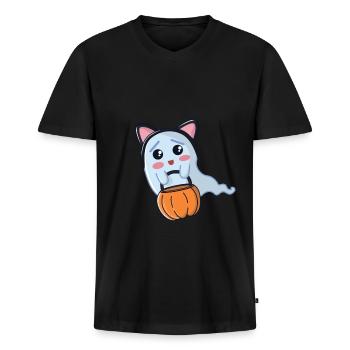 Halloween ghost dressed up as a cat - Men's Premium Organic T-shirt with V-neck - black - Front - Nico (187cm)