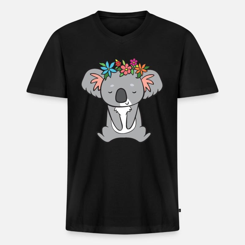 Koala - mit Blumen - Männer Premium Bio T-Shirt mit V-Ausschnitt - Schwarz