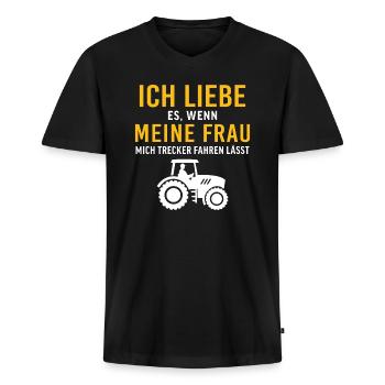 meine Frau mich Trecker fahren lässt - Männer Premium Bio T-Shirt mit V-Ausschnitt - Schwarz - Vorne - Nico (187cm)