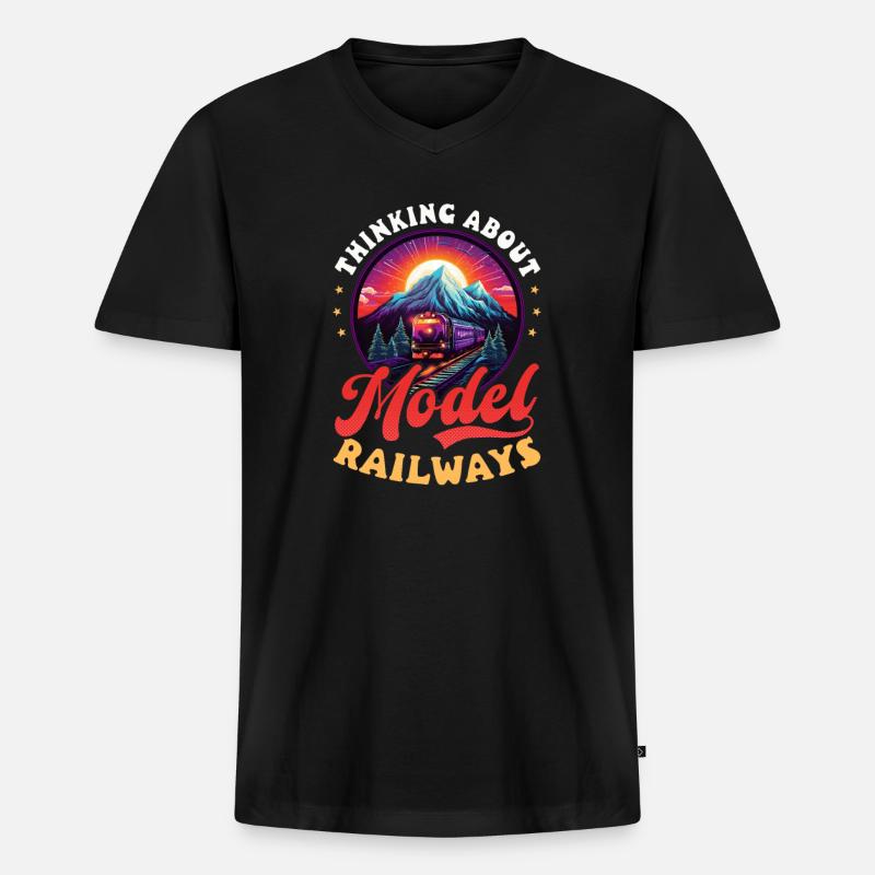 Modelleisenbahn: Modelleisenbahn denken - Männer Premium Bio T-Shirt mit V-Ausschnitt - Schwarz