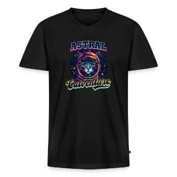 Katze Astronaut Astral Catventure - Männer Premium Bio T-Shirt mit V-Ausschnitt - Schwarz - Vorne - Nico (187cm)