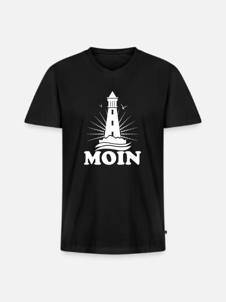 Moin mit Leuchtturm - Männer Premium Bio T-Shirt mit V-Ausschnitt - Schwarz