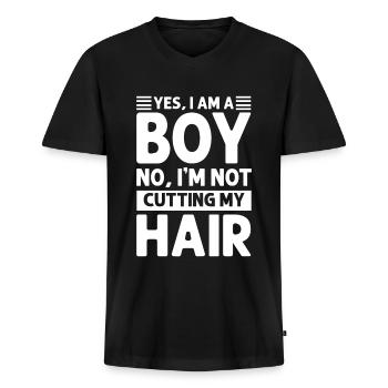 Yes I Am A Boy No I'm Not Cutting My Hair - Männer Premium Bio T-Shirt mit V-Ausschnitt - Schwarz - Vorne - Nico (187cm)