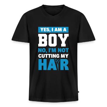 Oui Je suis un garçon Non Je ne me coupe pas les cheveux - T-shirt encolure en V Premium bio Homme - noir - Devant - Nico (187cm)