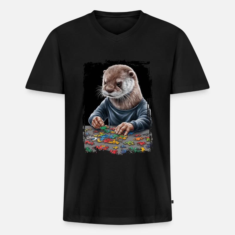 Otter spielt Puzzle Geschenk - Männer Premium Bio T-Shirt mit V-Ausschnitt - Schwarz