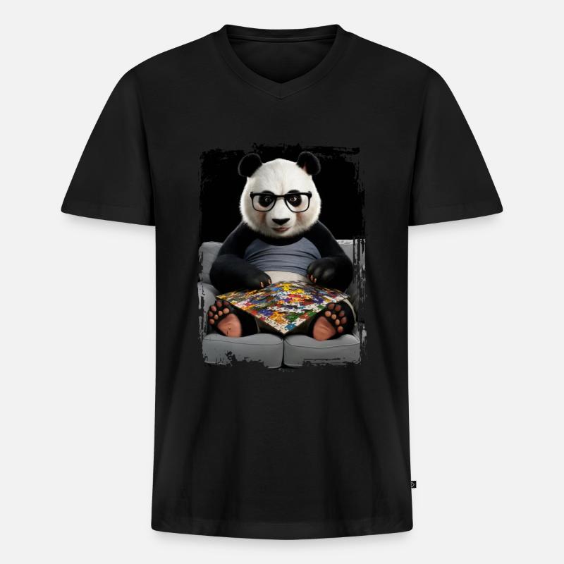 Panda spielt Puzzle Geschenk - Männer Premium Bio T-Shirt mit V-Ausschnitt - Schwarz