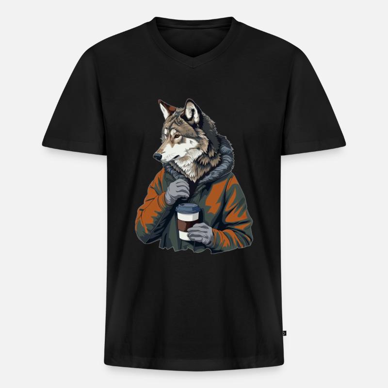 Wolf - Männer Premium Bio T-Shirt mit V-Ausschnitt - Schwarz