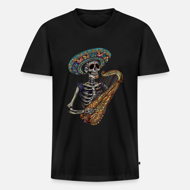 Harfe Mexikanisches Skelett - Männer Premium Bio T-Shirt mit V-Ausschnitt - Schwarz