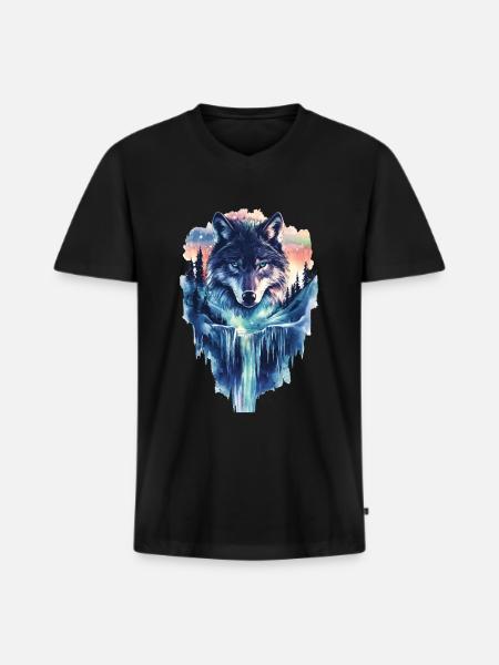 Wolf - Männer Premium Bio T-Shirt mit V-Ausschnitt - Schwarz