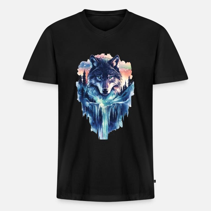 Wolf - Männer Premium Bio T-Shirt mit V-Ausschnitt - Schwarz
