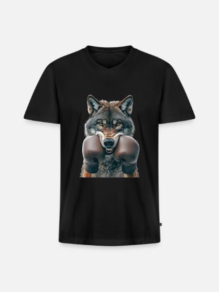 Wolf - Männer Premium Bio T-Shirt mit V-Ausschnitt - Schwarz