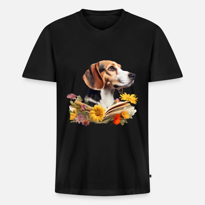 Beagle Lesen Buch - Männer Premium Bio T-Shirt mit V-Ausschnitt - Schwarz