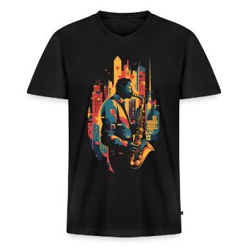 Jazz, Saxophonist - Men's Premium Organic T-shirt with V-neck - black - Front - Nico (187cm)