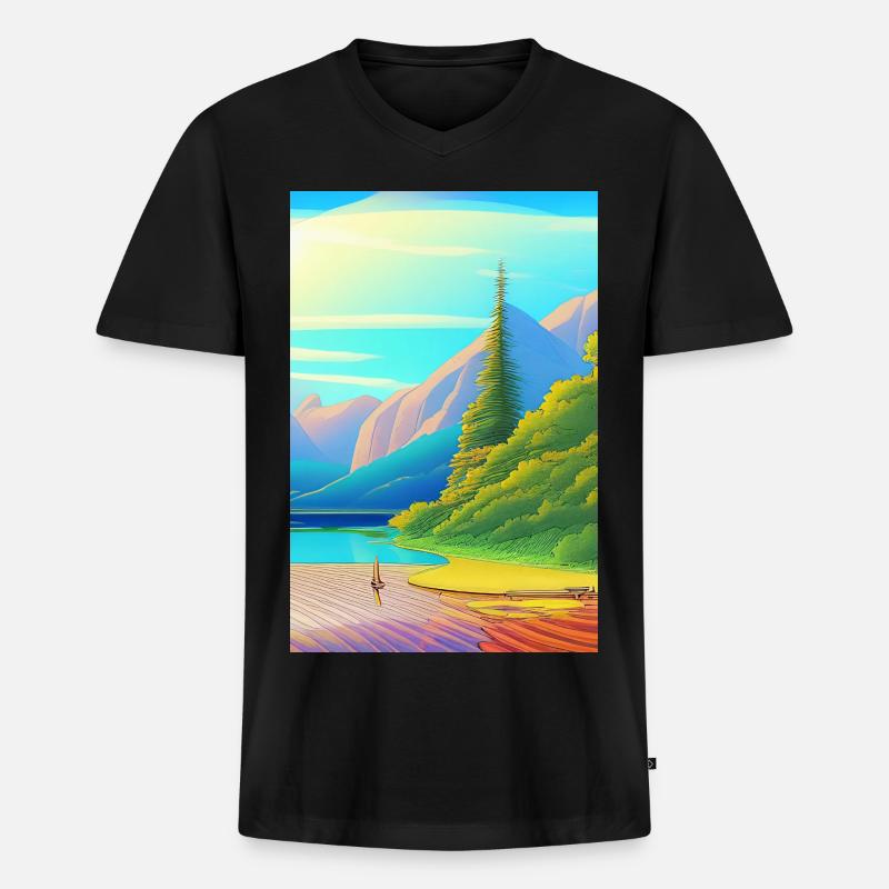 Landschaft mit See, Boot und Berge - Männer Premium Bio T-Shirt mit V-Ausschnitt - Schwarz