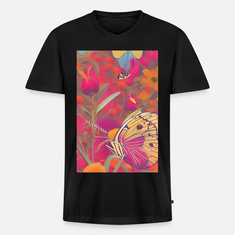Blumen und Schmetterling - Männer Premium Bio T-Shirt mit V-Ausschnitt - Schwarz
