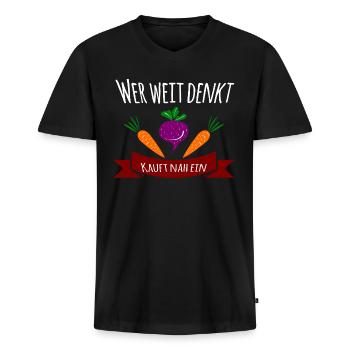 Wer weit denkt kautf nah ein - Männer Premium Bio T-Shirt mit V-Ausschnitt - Schwarz - Vorne - Nico (187cm)