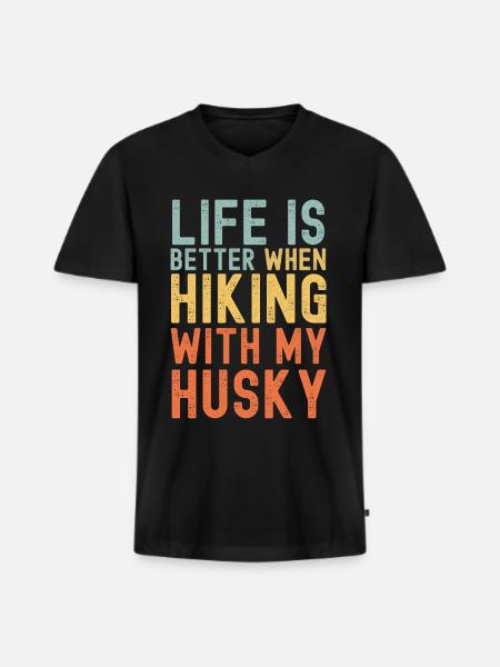 Husky Hiking dog retro - Men's Premium Organic T-shirt with V-neck - black