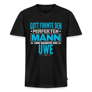 Uwe Name Design - Männer Premium Bio T-Shirt mit V-Ausschnitt - Schwarz - Vorne - Nico (187cm)