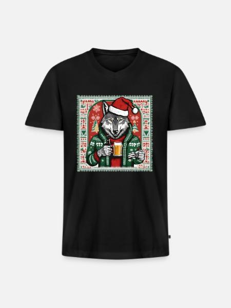 Wolf - Männer Premium Bio T-Shirt mit V-Ausschnitt - Schwarz