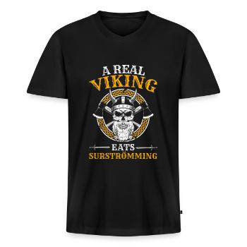 Surstromming fish Viking disant - T-shirt encolure en V Premium bio Homme - noir - Devant - Nico (187cm)