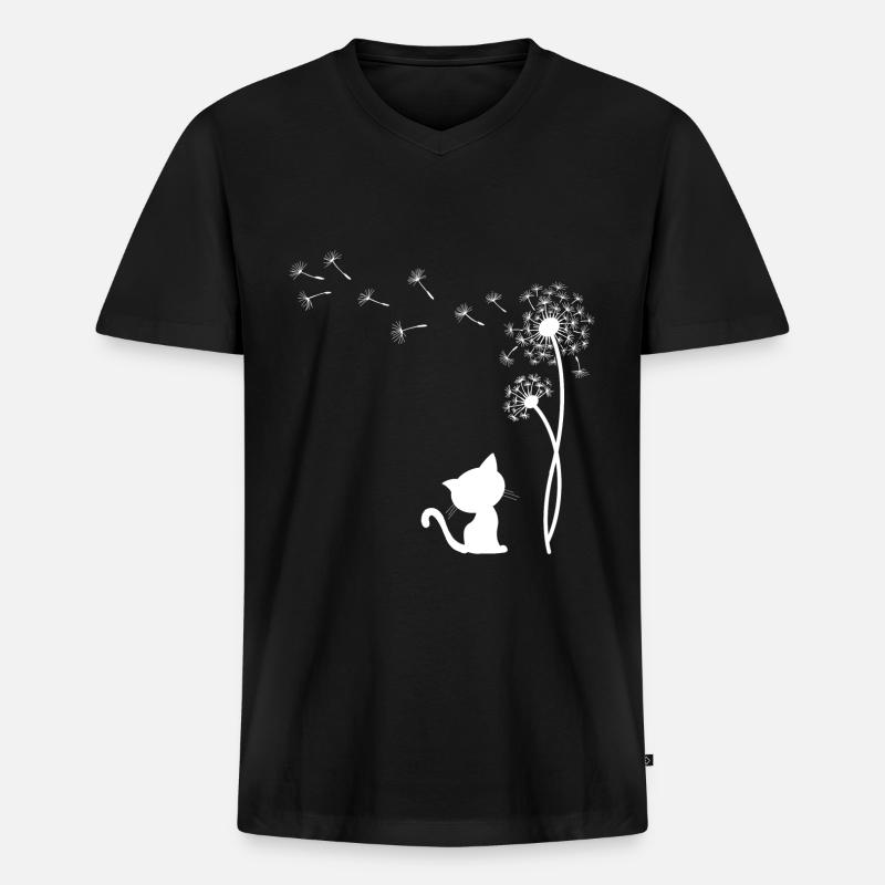Katze mit Pusteblume - Männer Premium Bio T-Shirt mit V-Ausschnitt - Schwarz