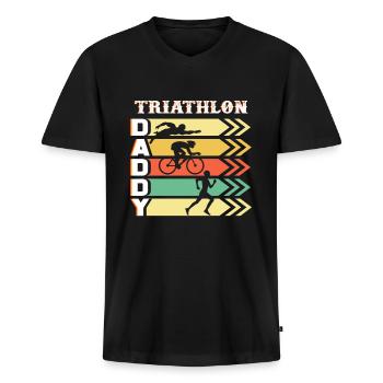 Idée Cadeau Triathlon Papa Papa Papa Triathlète - T-shirt encolure en V Premium bio Homme - noir - Devant - Nico (187cm)
