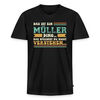 Familienname Müller - für Familie Müller - Männer Premium Bio T-Shirt mit V-Ausschnitt - Schwarz - Vorne - Nico (187cm)