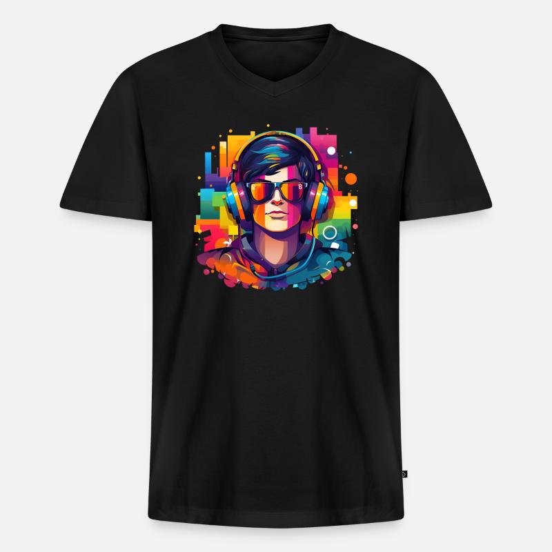 Mann mit Headset und Sonnenbrille - Männer Premium Bio T-Shirt mit V-Ausschnitt - Schwarz