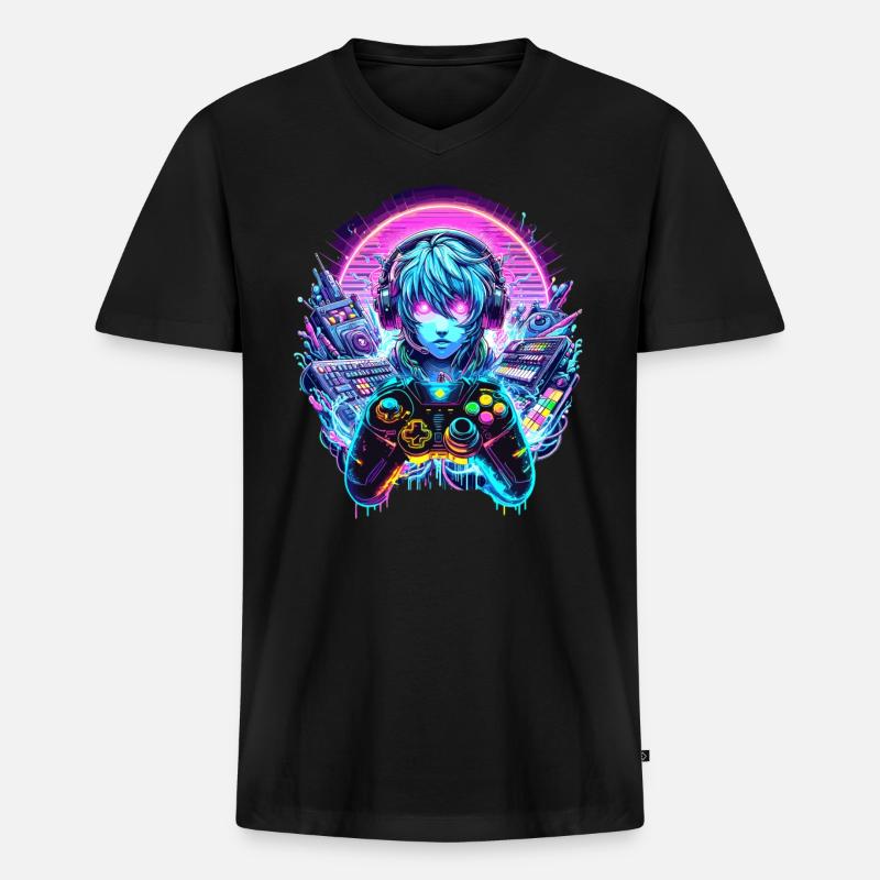 Gamer Headset Anime Synthwave Art - Männer Premium Bio T-Shirt mit V-Ausschnitt - Schwarz