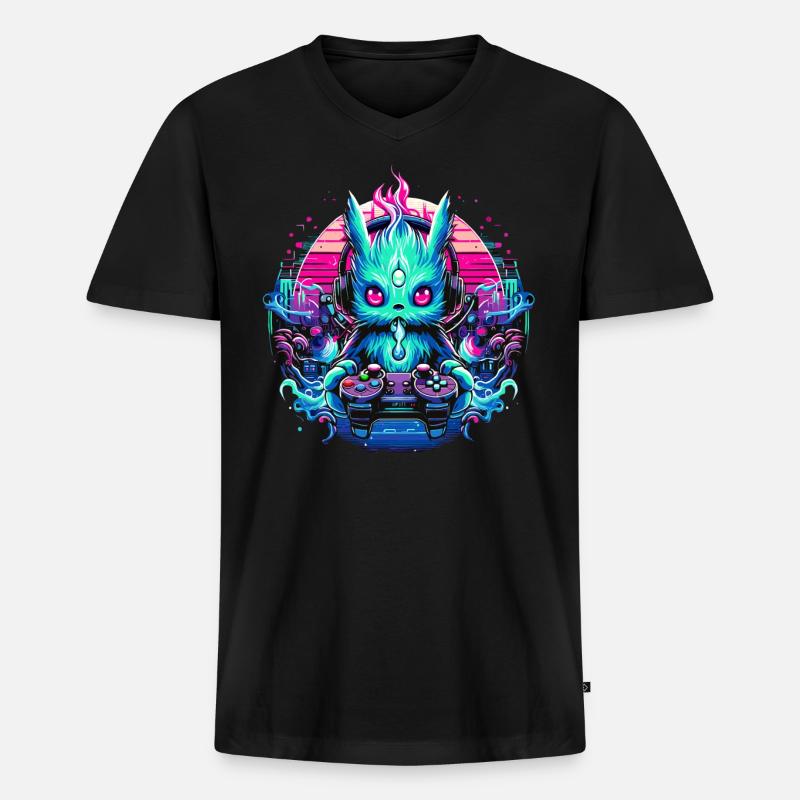 Synthwave Zocker Gaming Alien - Männer Premium Bio T-Shirt mit V-Ausschnitt - Schwarz