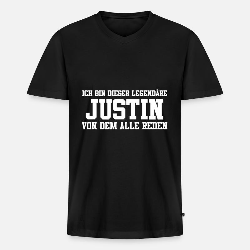 Justin Name Design - Männer Premium Bio T-Shirt mit V-Ausschnitt - Schwarz