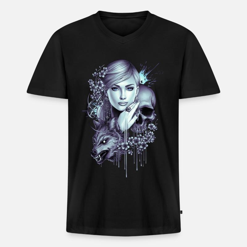 Wolfsschädel Mädchen Tattoo - Männer Premium Bio T-Shirt mit V-Ausschnitt - Schwarz