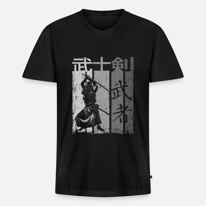 Samurai - Männer Premium Bio T-Shirt mit V-Ausschnitt - Schwarz