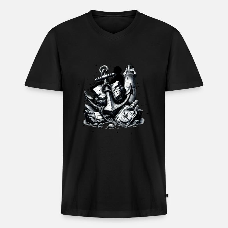 Anker Leuchtturm Kompass Flaschenpost - Männer Premium Bio T-Shirt mit V-Ausschnitt - Schwarz