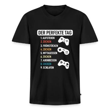 Der perfekte Gamer Zocker Tag - Gaming Collection - Männer Premium Bio T-Shirt mit V-Ausschnitt - Schwarz - Vorne - Nico (187cm)