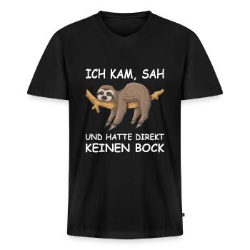 Faultier Spruch ICH KAM, SAH UND HATTE KEINEN BOCK - Männer Premium Bio T-Shirt mit V-Ausschnitt - Schwarz - Vorne - Nico (187cm)