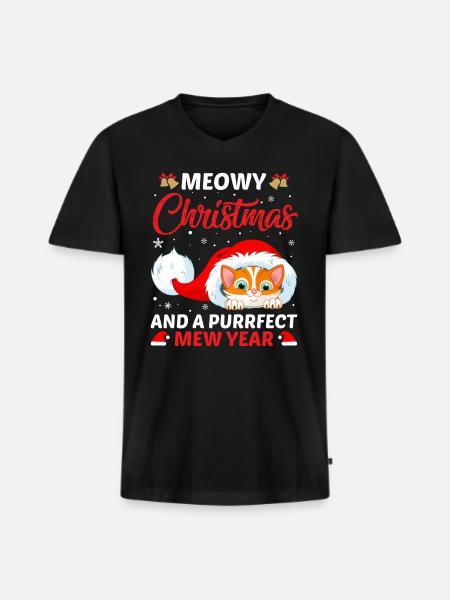 Joyeux Chat de Noël - T-shirt encolure en V Premium bio Homme - noir