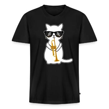 Lustige, Trompete spielende Katze - Trompeter - Männer Premium Bio T-Shirt mit V-Ausschnitt - Schwarz - Vorne - Nico (187cm)