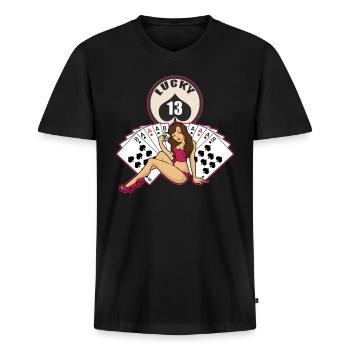 Poker - Pin Up Girl - Lucky 13 - Männer Premium Bio T-Shirt mit V-Ausschnitt - Schwarz - Vorne - Nico (187cm)
