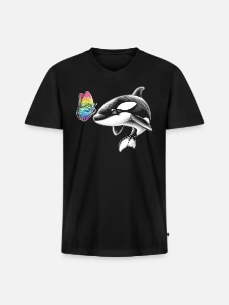 Orca-wal-schmetterlinge-tier-blumenillustration - Männer Premium Bio T-Shirt mit V-Ausschnitt - Schwarz