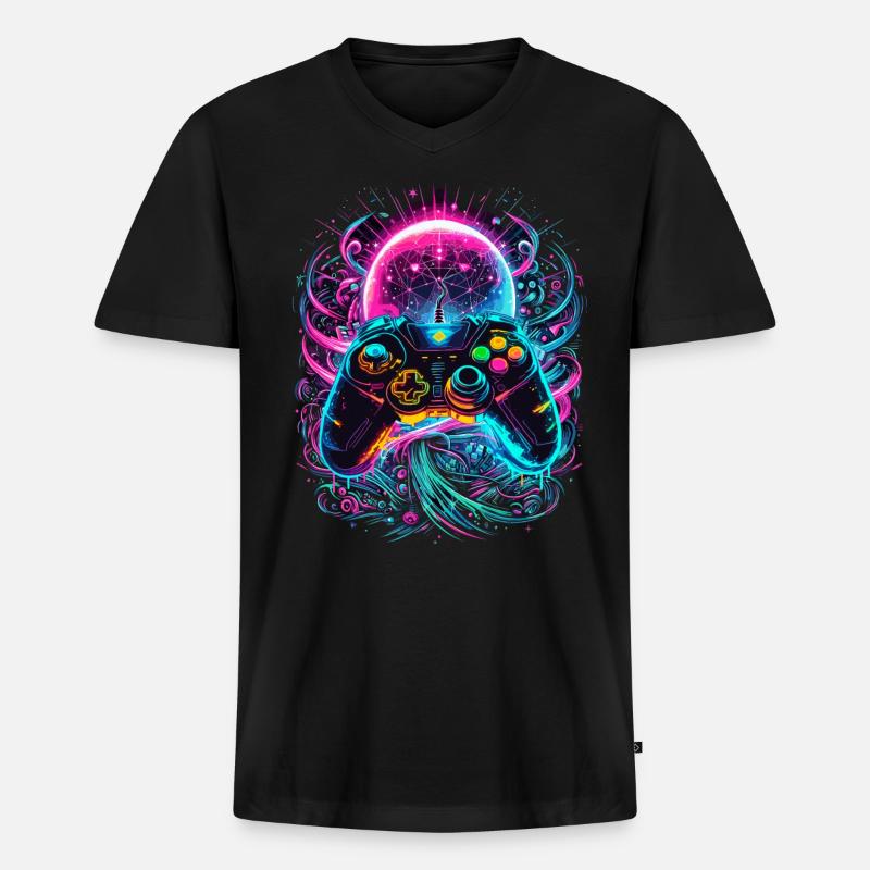 Synthwave Cyberpunk Gaming Controller - Männer Premium Bio T-Shirt mit V-Ausschnitt - Schwarz