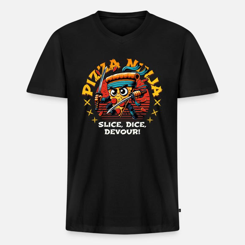 PIZZA NINJA SLICE, DICE, DEVOUR! - Männer Premium Bio T-Shirt mit V-Ausschnitt - Schwarz
