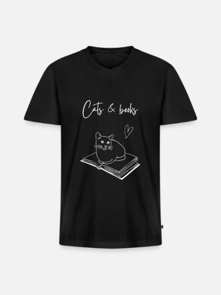 Katze Buch lesen Geschenkidee - Männer Premium Bio T-Shirt mit V-Ausschnitt - Schwarz