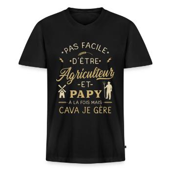 Papy Agriculteur Humour Agricole Agriculture - T-shirt encolure en V Premium bio Homme - noir - Devant - Nico (187cm)