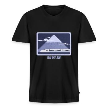 Shinkansen vor Berg Fuji - Männer Premium Bio T-Shirt mit V-Ausschnitt - Schwarz - Vorne - Nico (187cm)