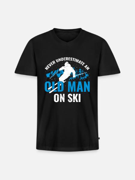 Never underestimate an old man on skis - Men's Premium Organic T-shirt with V-neck - black
